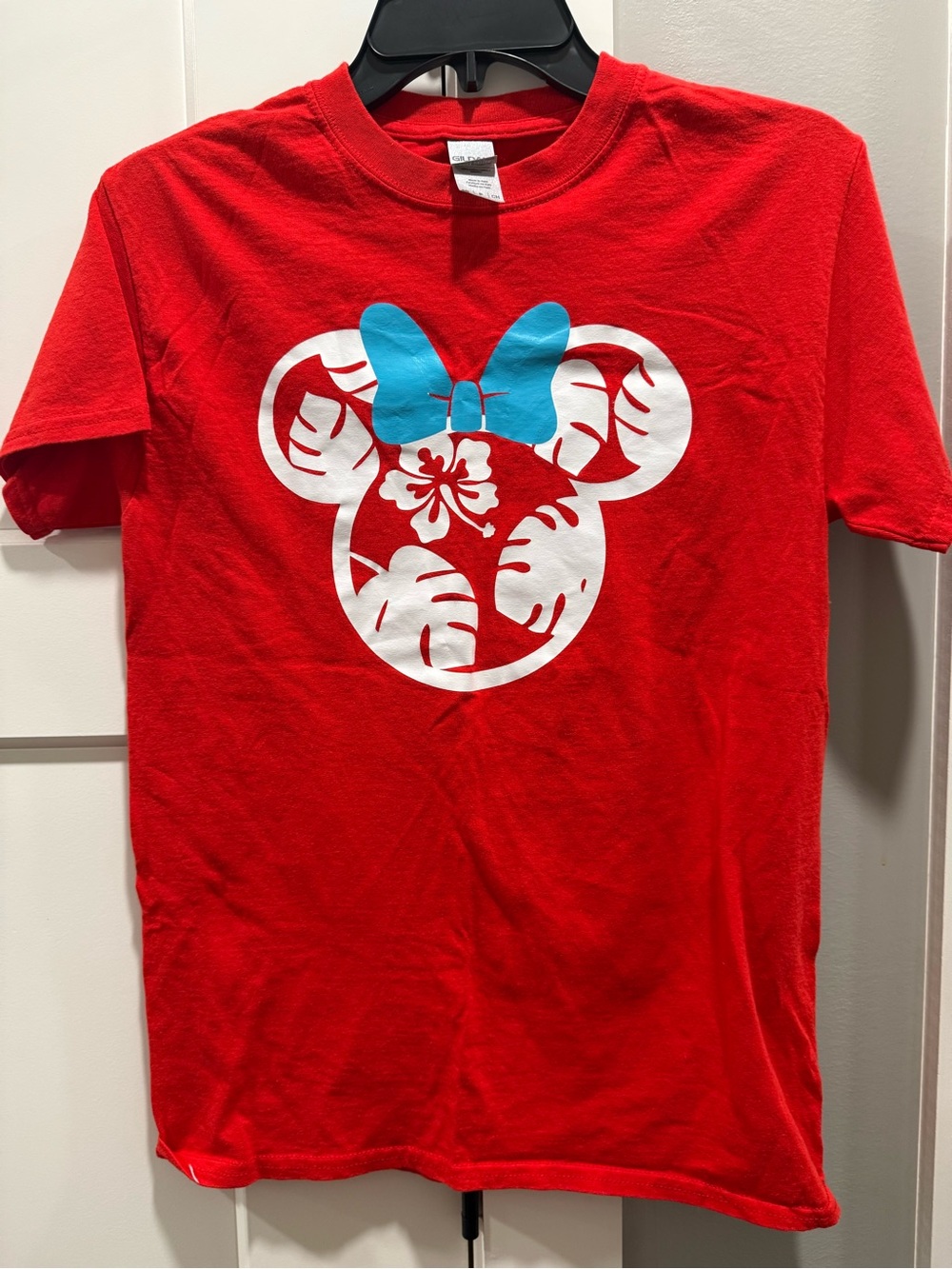 Gildan Red Disney Custom Minnie Tee with White Tropical Minnie and Blue Bow